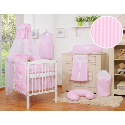 Ensemble de Linge de Lit pour Bébé 7 pcs avec Ciel Rose Rayures Cœurs