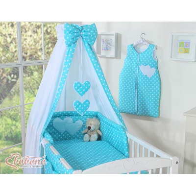 Ensemble de Linge de Lit pour Bébé 7 pcs avec Ciel Turquoise à Pois Cœurs