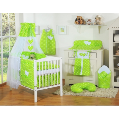 Ensemble de Linge de Lit pour Bébé 7 pcs avec Ciel Vert à Pois Cœurs