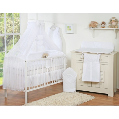 Ensemble de Linge de Lit pour Bébé 7 pcs avec Moustiquaire Blanc Cœurs