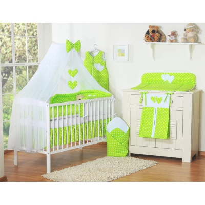 Ensemble de Linge pour Lit Bébé 7 pcs avec Ciel Vert à Pois Cœurs