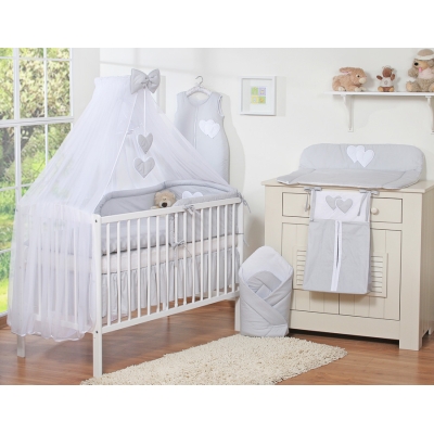 Ensemble Linge de Lit Bebe 5 pcs Moustiquaire Gris Cœurs