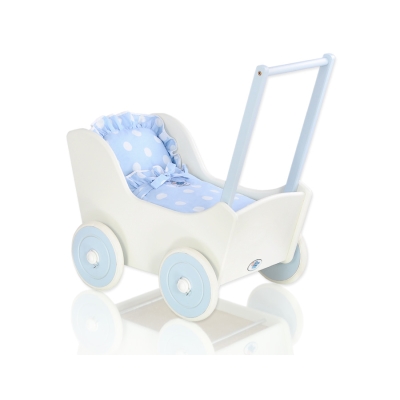 Landau de Poupée en Bois avec Textile Blanc Bleu
