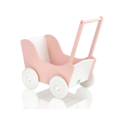 Landau de Poupée en Bois avec Textile Blanc Rose Poudré