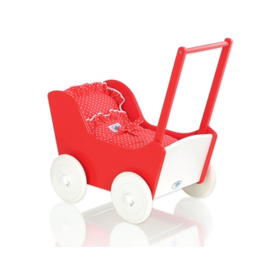 Landau de Poupée en Bois avec Textile Blanc Rouge
