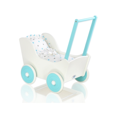 Landau de Poupée en Bois avec Textile Blanc Turquoise