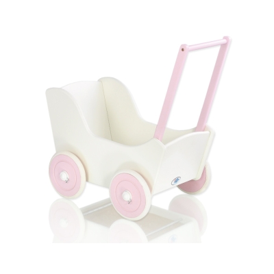 Landau de Poupée en Bois avec Textile Rose Blanc
