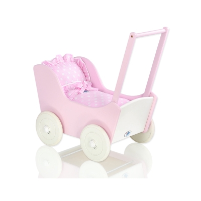 Landau de Poupée en Bois avec Textile Rose Blanc
