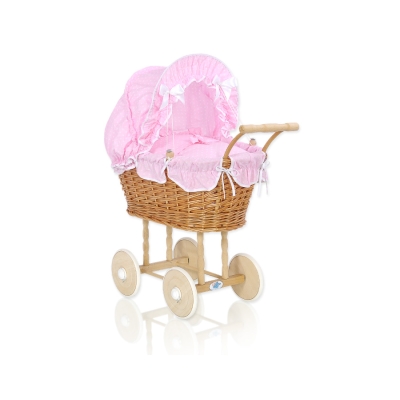 Landau de Poupée en Osier Naturel Rose Blanc à Pois