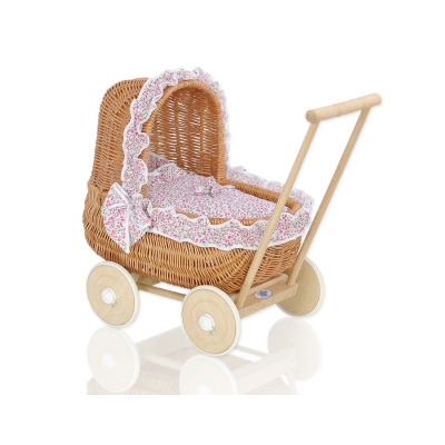 Landau de Poupée en Osier Naturel Rose Fleurs