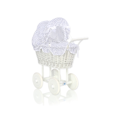 Landau de Poupée en Rotin Blanc Bleu Marine à Pois
