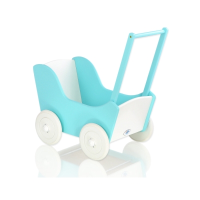 Landau en Bois pour Poupée Blanc Turquoise