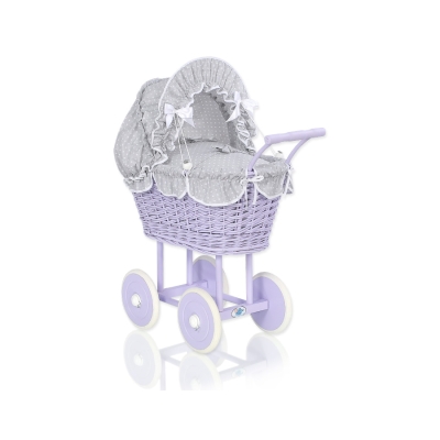 Landau en Osier pour Poupée  Blanc Gris Lila à Pois
