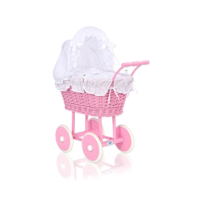 Landau en Osier pour Poupée  Rose Blanc