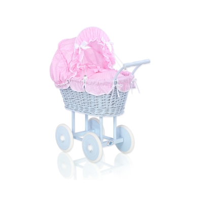 Landau en Osier pour Poupée  Rose Blanc Bleu à Pois