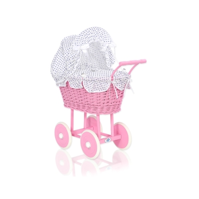 Landau en Osier pour Poupée  Rose Blanc Bleu Marine à Pois