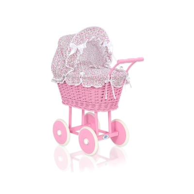 Landau en Osier pour Poupée  Rose Fleurs