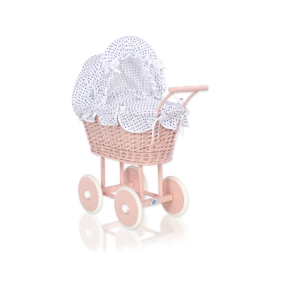 Landau en Rotin pour Poupée avec Textile Blanc Bleu Marine à Pois Rose Poudré