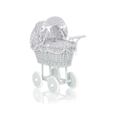 Landau en Rotin pour Poupée avec Textile Blanc Gris à Pois