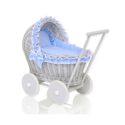 Landau en Rotin pour Poupée avec Textile Blanc Gris Bleu à Pois