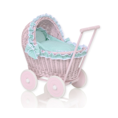 Landau en Rotin pour Poupée avec Textile Menthe Rose à Pois