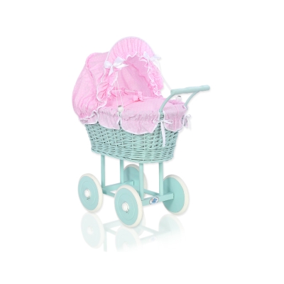 Landau en Rotin pour Poupée avec Textile Menthe Rose Blanc à Pois