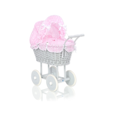 Landau en Rotin pour Poupée avec Textile Rose Gris à Pois