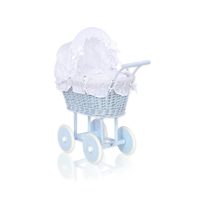 Landau en Rotin pour Poupée  Blanc Bleu