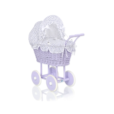 Landau en Rotin pour Poupée  Blanc Bleu Marine Lila à Pois