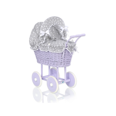 Landau en Rotin pour Poupée  Blanc Gris Lila à Pois