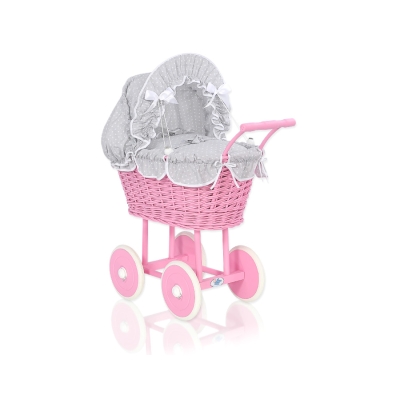 Landau en Rotin pour Poupée  Rose Blanc Gris à Pois