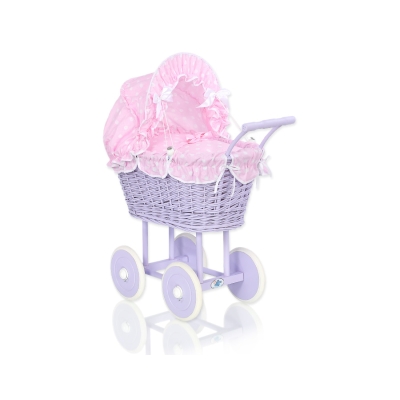 Landau en Rotin pour Poupée  Rose Lila à Pois
