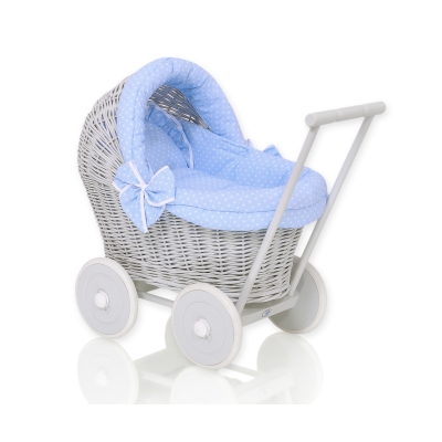 Landau Poupée en Osier Blanc Gris Bleu à Pois