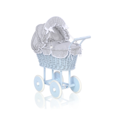 Landau Poupée en Osier Blanc Gris Bleu à Pois