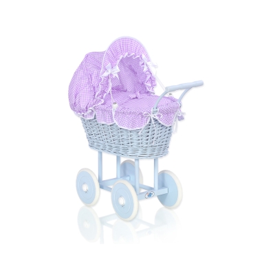 Landau Poupée en Osier Bleu Lila à Carreaux