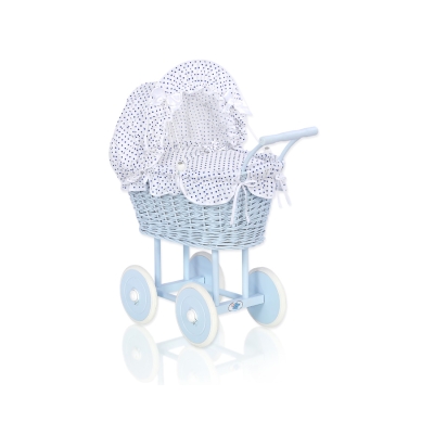 Landau Poupée en Rotin Blanc Bleu Marine Bleu à Pois