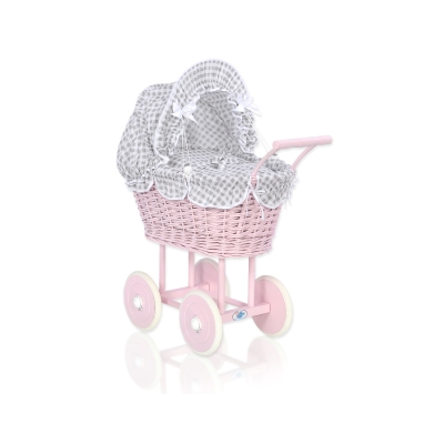 Landau Poupée en Rotin Gris à Carreaux Rose Poussiéreux