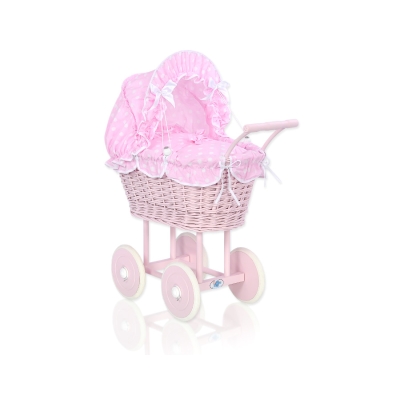Landau pour Poupée en Osier Rose à Pois Rose Poussiéreux
