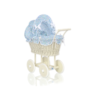 Landau pour Poupée en Rotin avec Textile Crème Bleu Fleurs