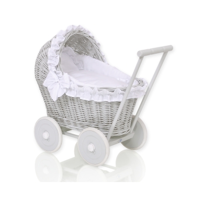 Landau Poussette de Poupée en Osier Blanc Gris