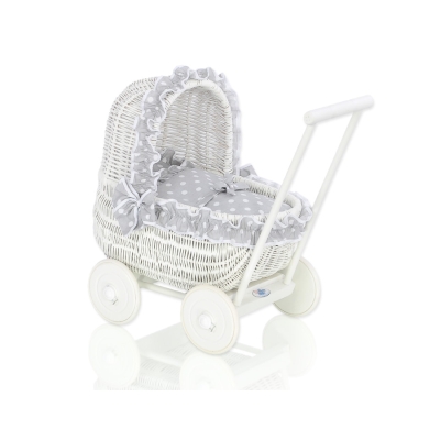 Landau Poussette de Poupée en Osier Blanc Gris à Pois