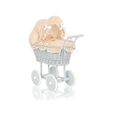 Landau Poussette de Poupée en Osier Blanc Gris Beige à Pois