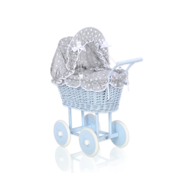 Landau Poussette de Poupée en Osier Blanc Gris Bleu à Pois