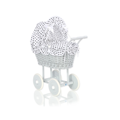 Landau Poussette de Poupée en Osier Blanc Gris Noir à Pois