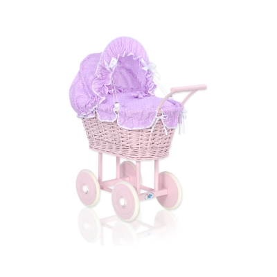 Landau Poussette de Poupée en Osier Blanc Lila à Pois Rose Poussiéreux