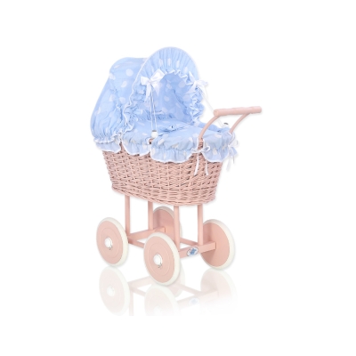 Landau Poussette de Poupée en Osier Bleu à Pois Rose Poudré