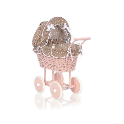 Landau Poussette de Poupée en Osier Brun à Pois Rose Poudré