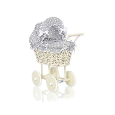 Landau Poussette de Poupée en Osier Crème Blanc Gris à Pois
