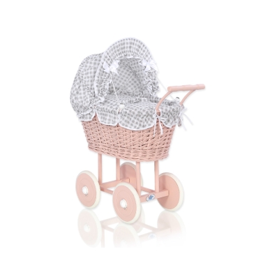 Landau Poussette de Poupée en Osier Gris à Carreaux Rose Poudré