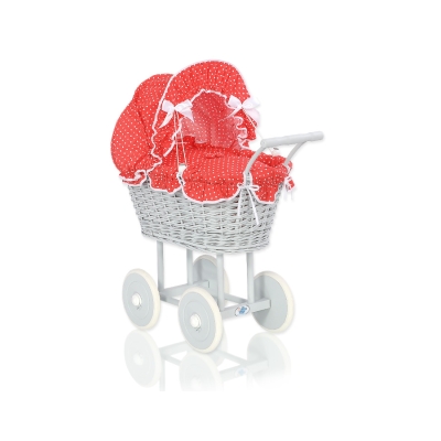 Landau Poussette de Poupée en Osier Gris Rouge à Pois